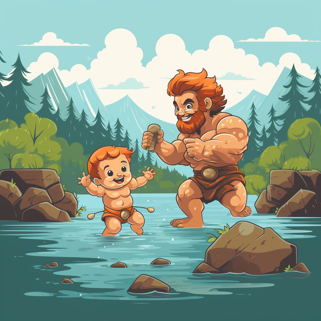 Baby Hercules wrestling river cute illustration