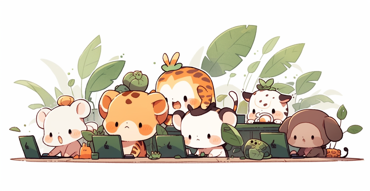 Cute baby jungle animals working in office