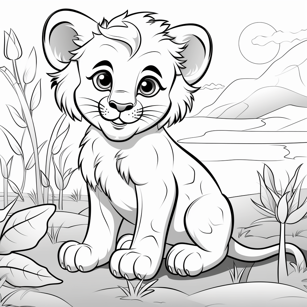 Cute baby lion playing coloring page