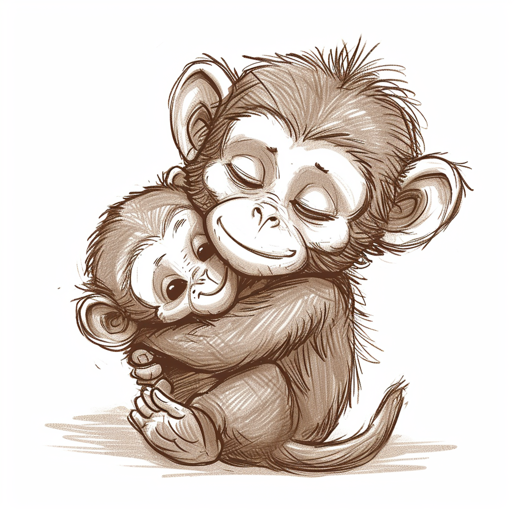 Adorable baby monkey hugging toy mother