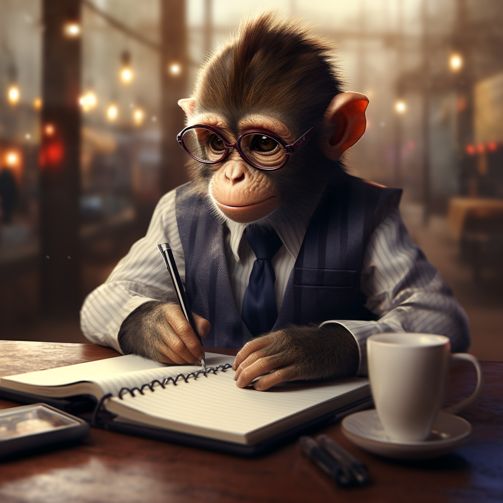 Cute baby monkey in a suit writing