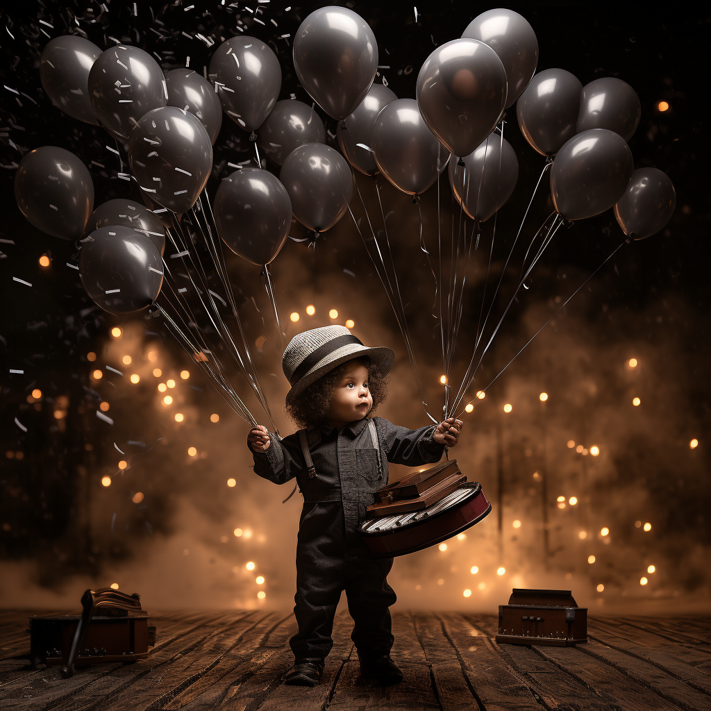 Baby musician with black balloons