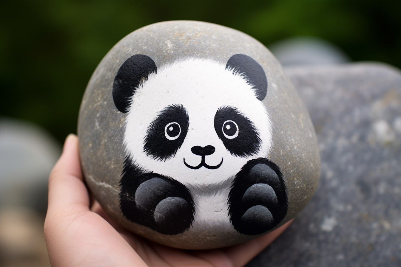 Close-up of adorable baby panda rock painting