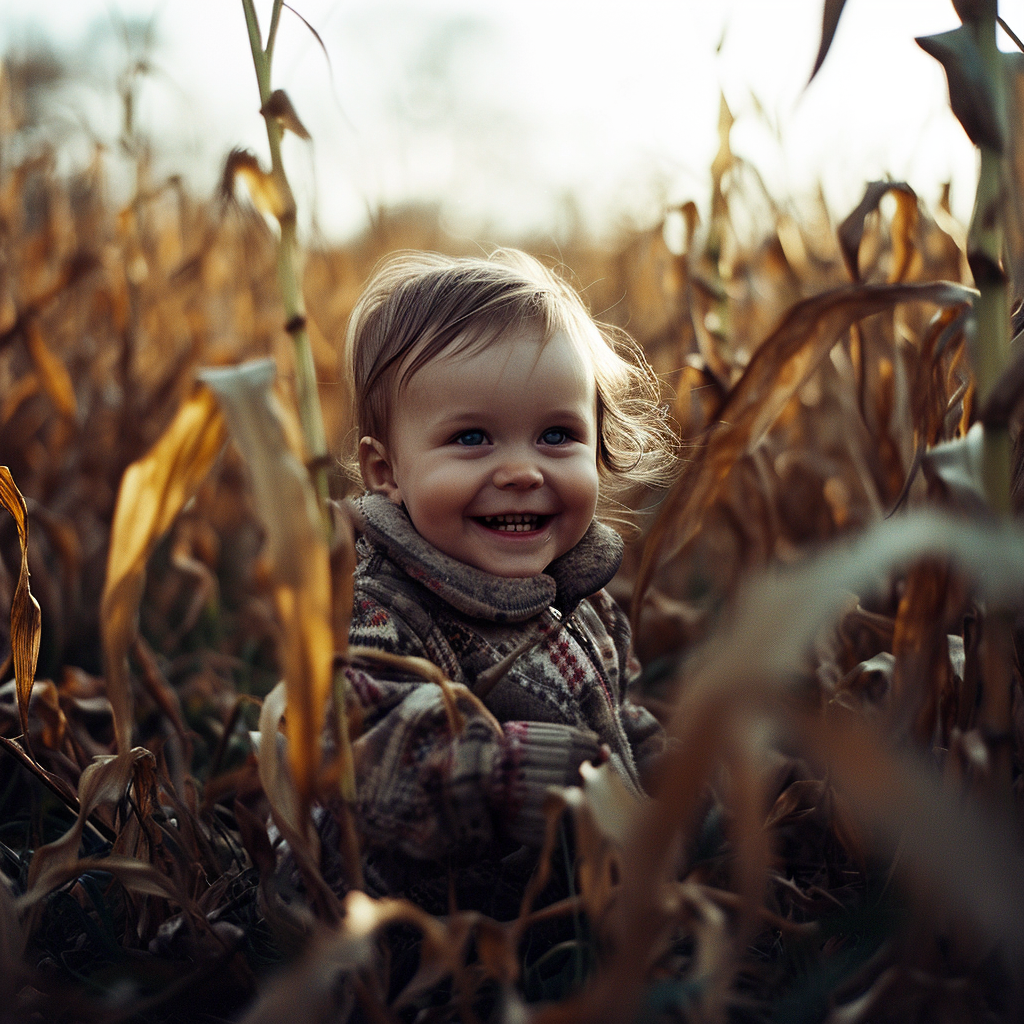 Cute baby playing in a corn field