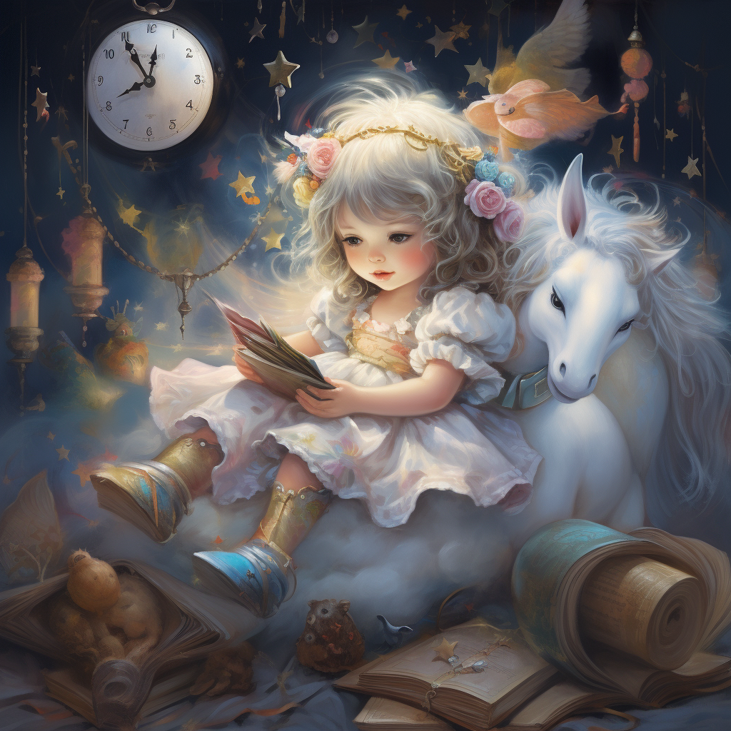 Baby playing with watch on giant pillow with fairies and unicorns