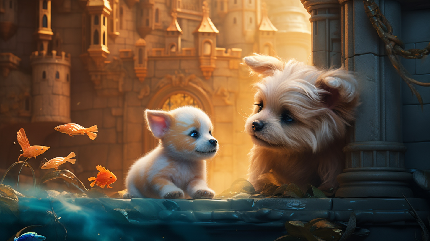 Baby puppy playing with fish in Disney castle