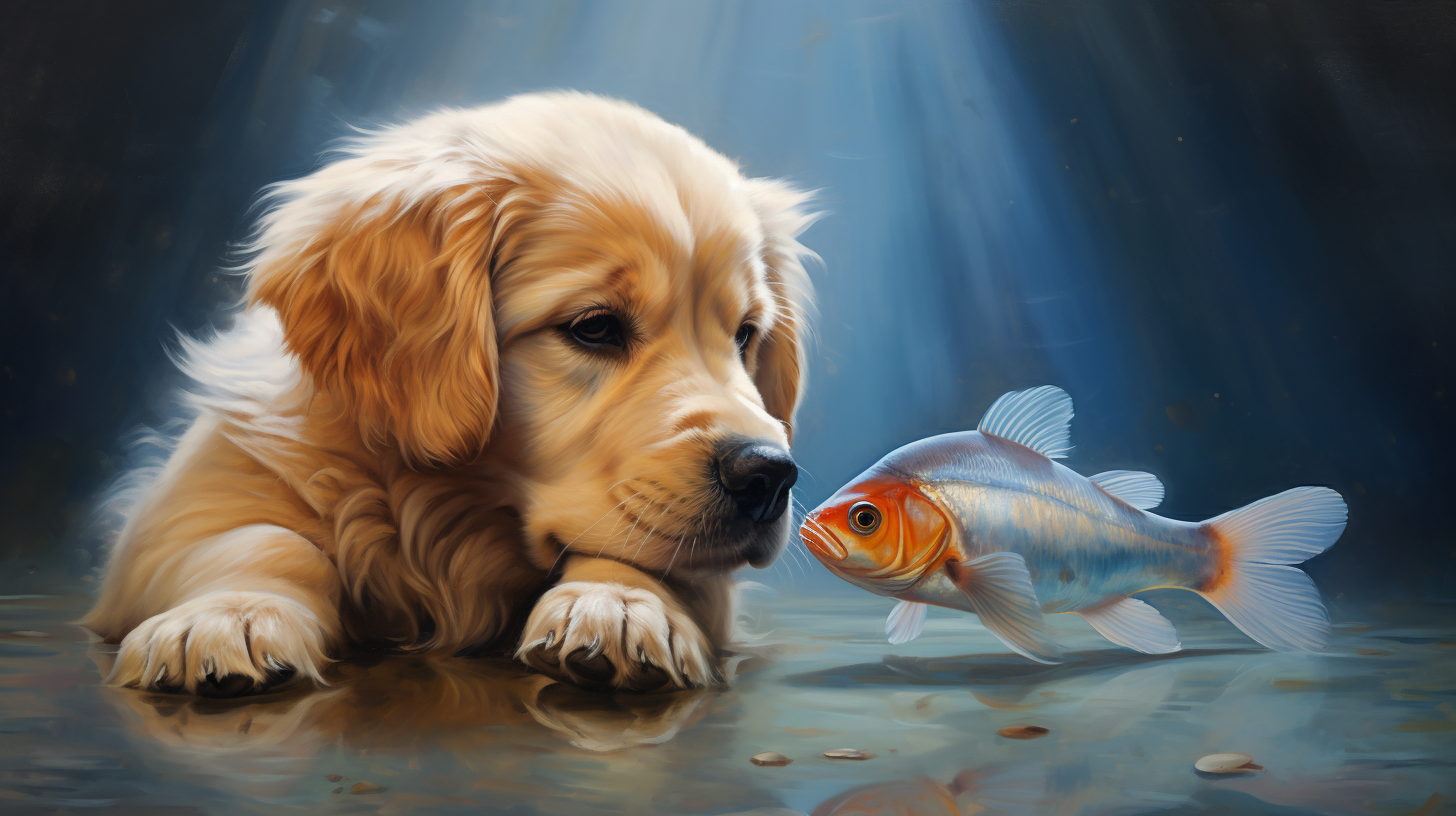 Cute baby puppy playing with a huge fish