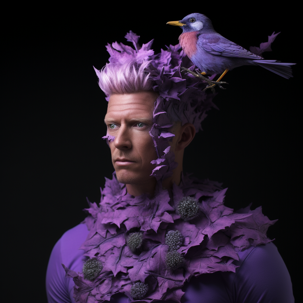 Man transforming into cute purple bird