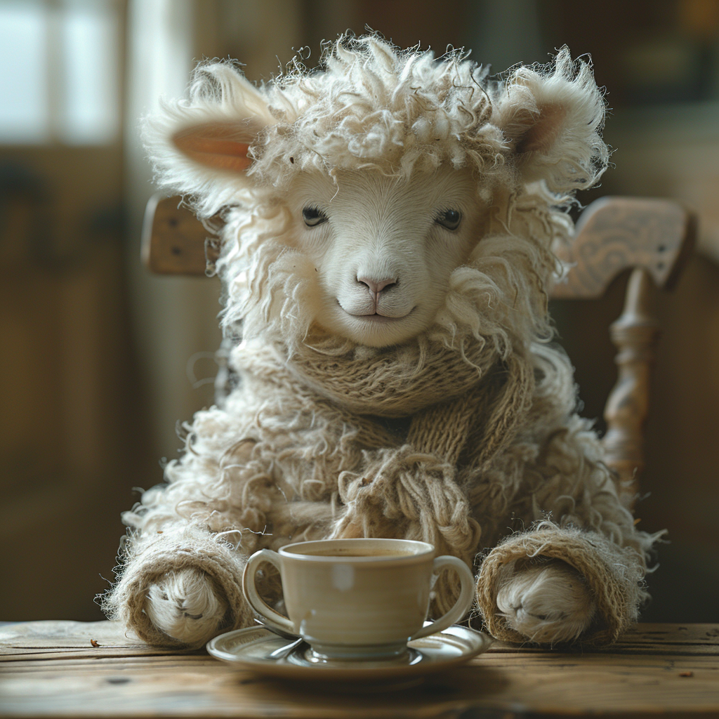 Cute baby sheep having coffee