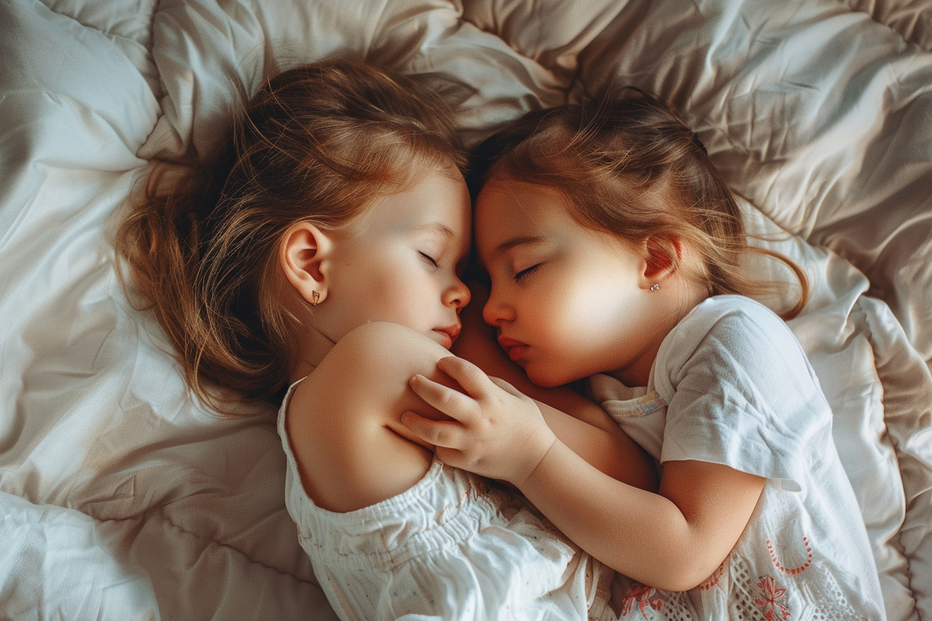 Toddler hugging newborn sibling bed