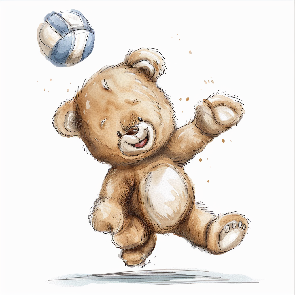 Smiling baby teddy bear playing volleyball