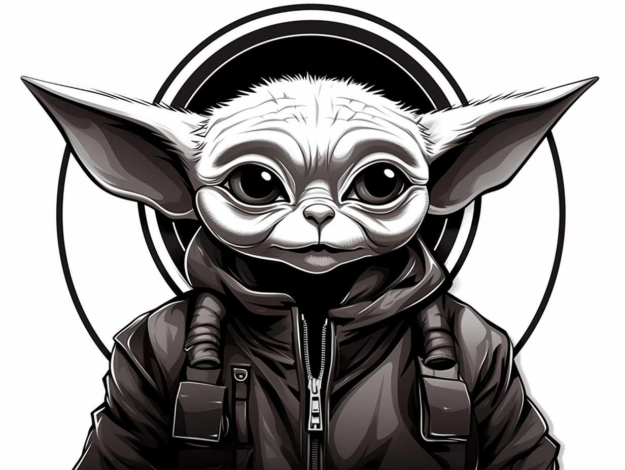 Black and white logo of mischievous Baby Yoda with cat's eyes