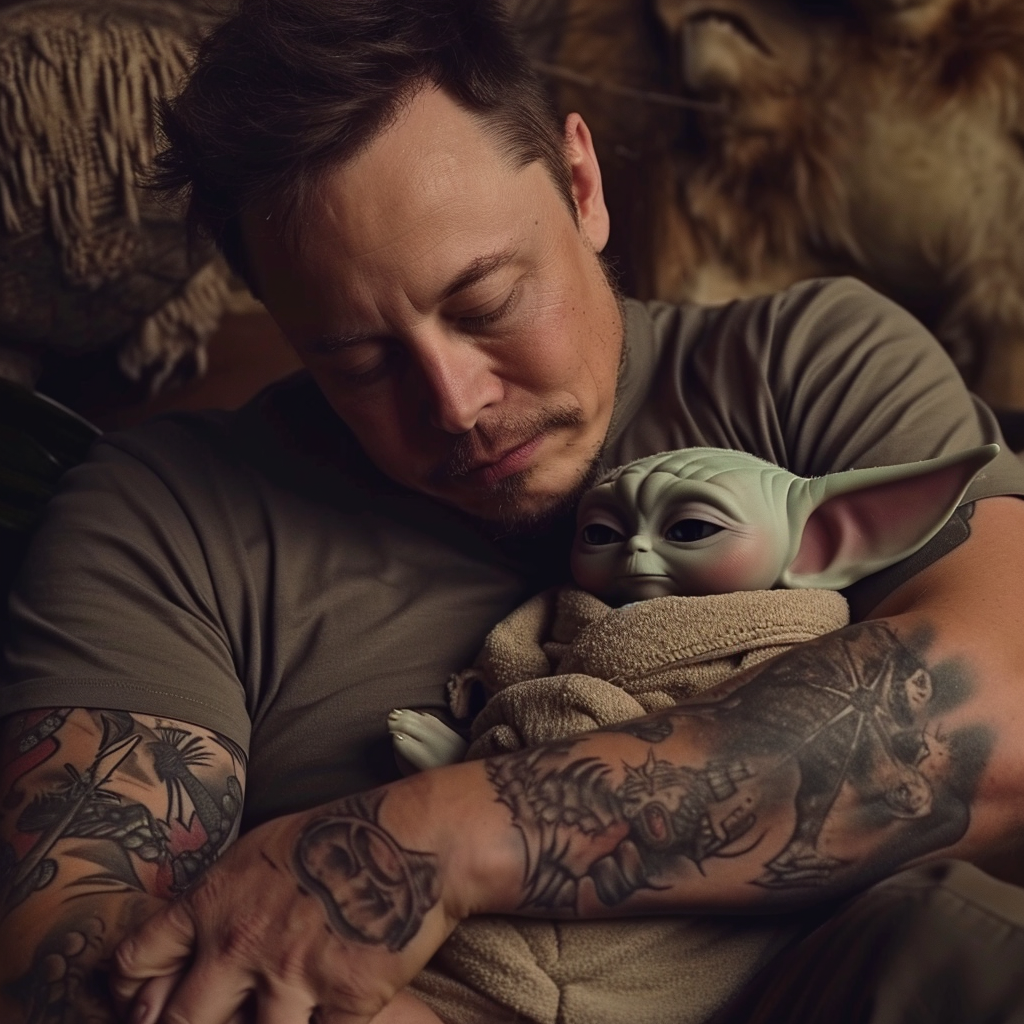 Baby Yoda giving tattoo to Elon Musk