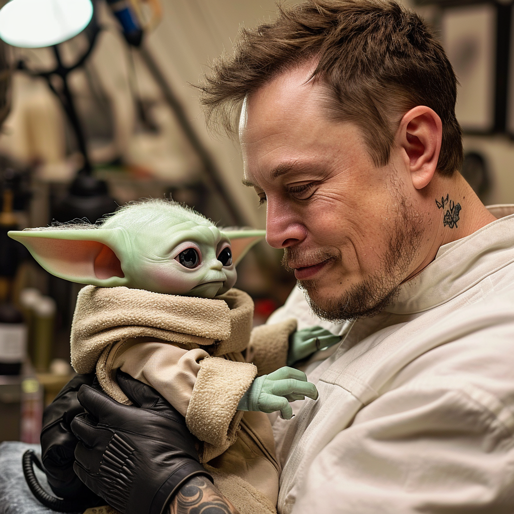 Adorable Baby Yoda giving tattoo to Elon Musk