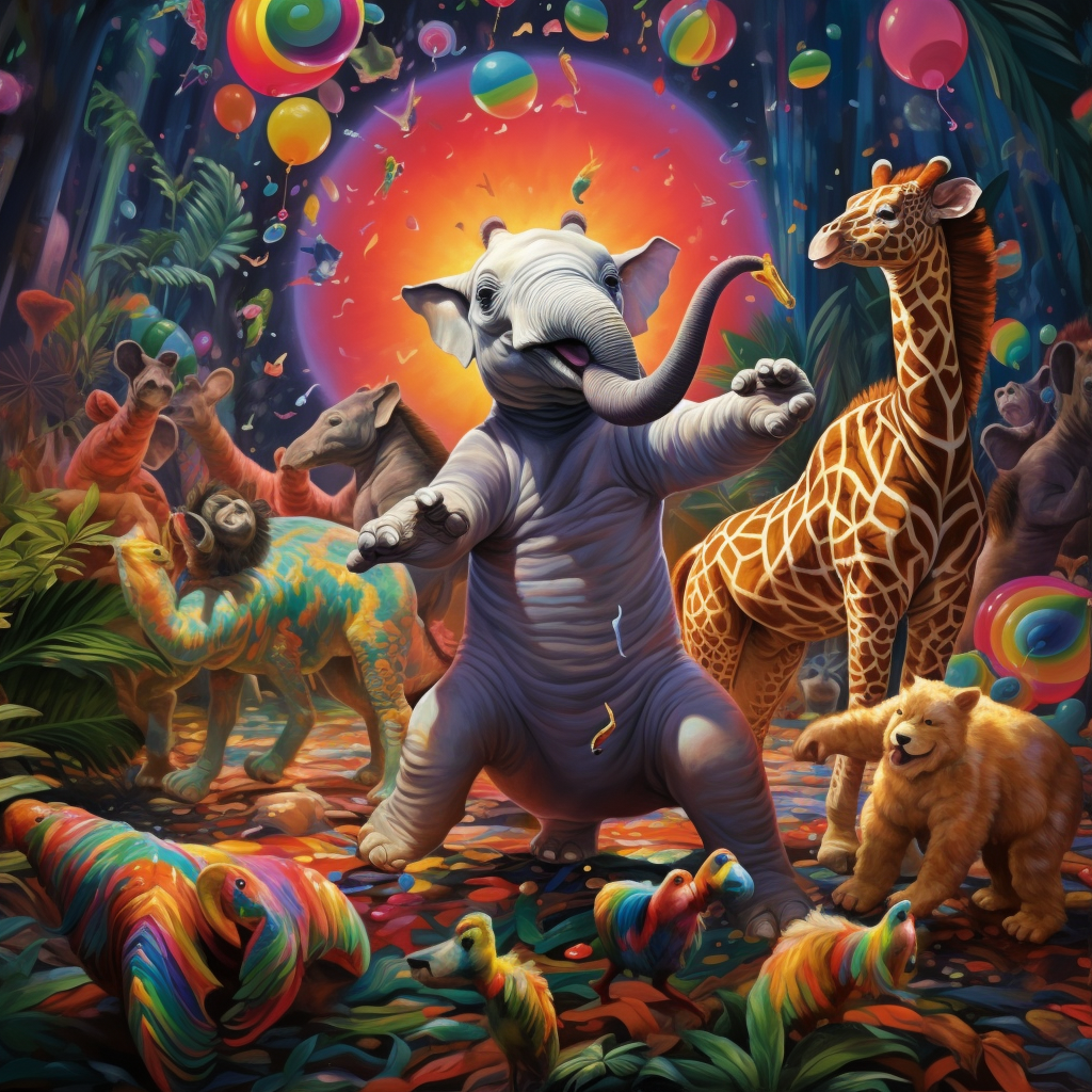 Colorful dance party of baby zoo animals