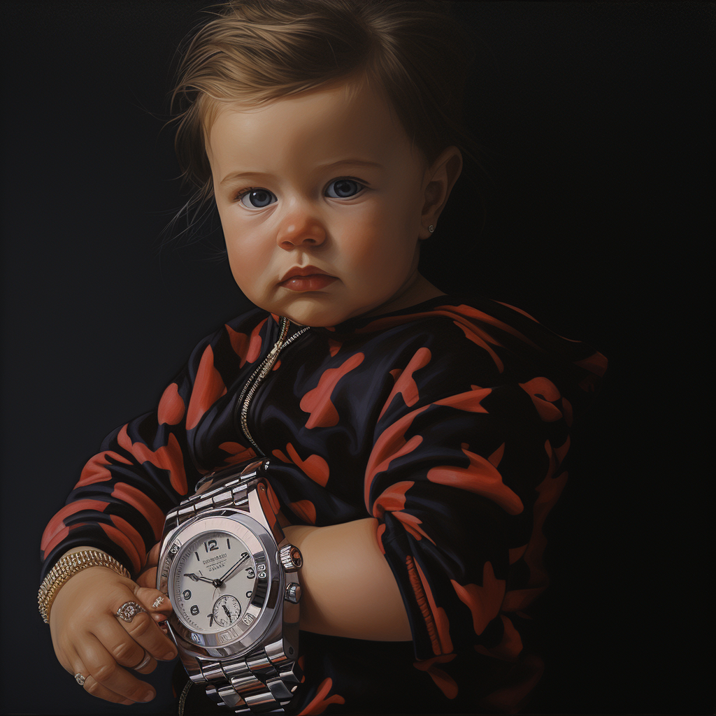 Adorable baby wearing Balenciaga onesie and Rolex watch