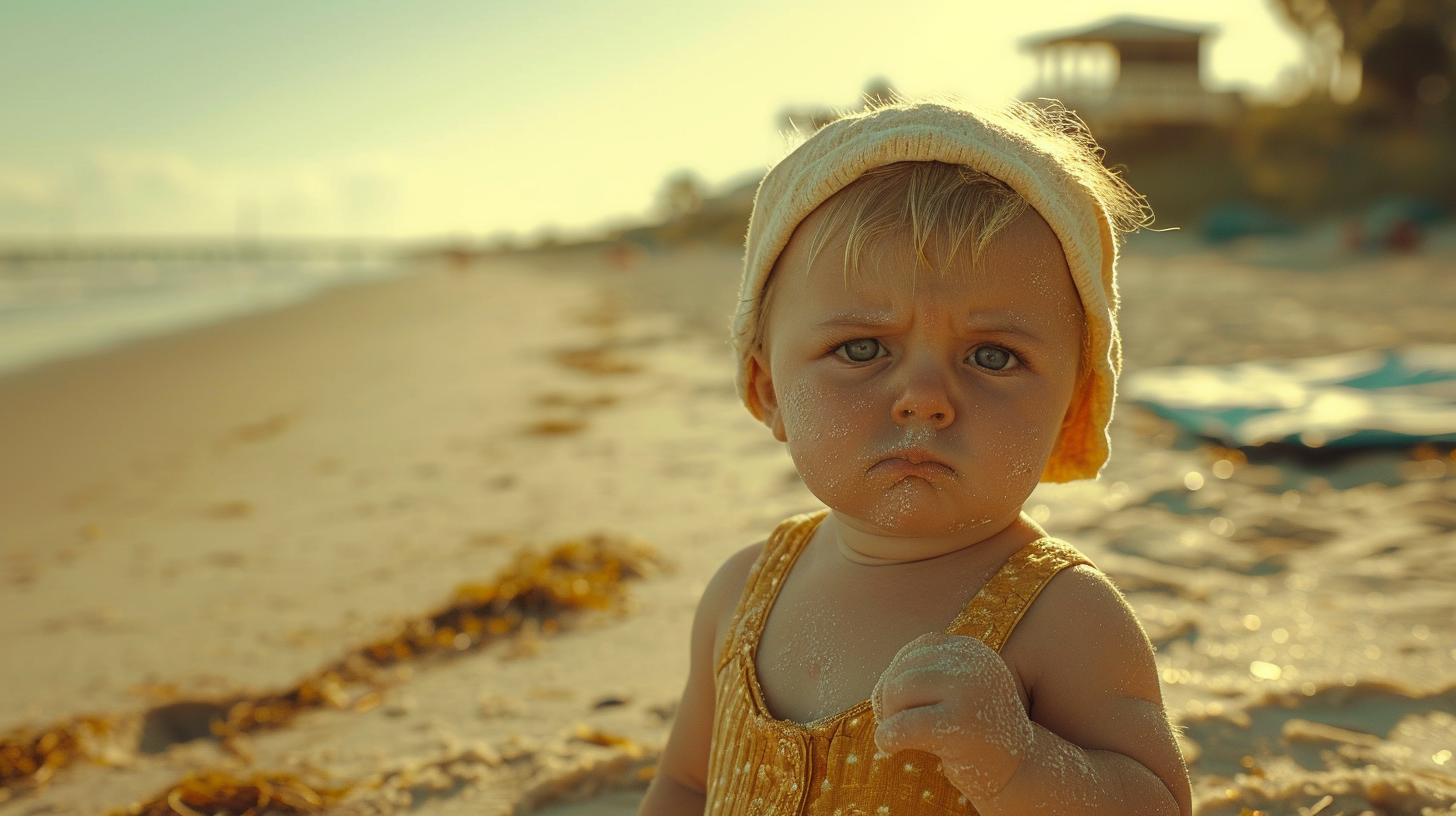 Baby on beach making face