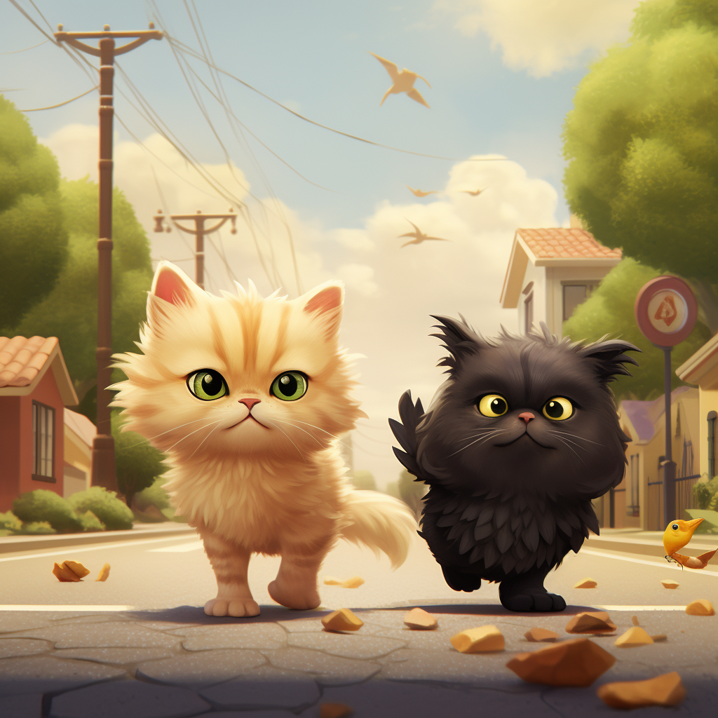 Animated baby chicken and cat on road