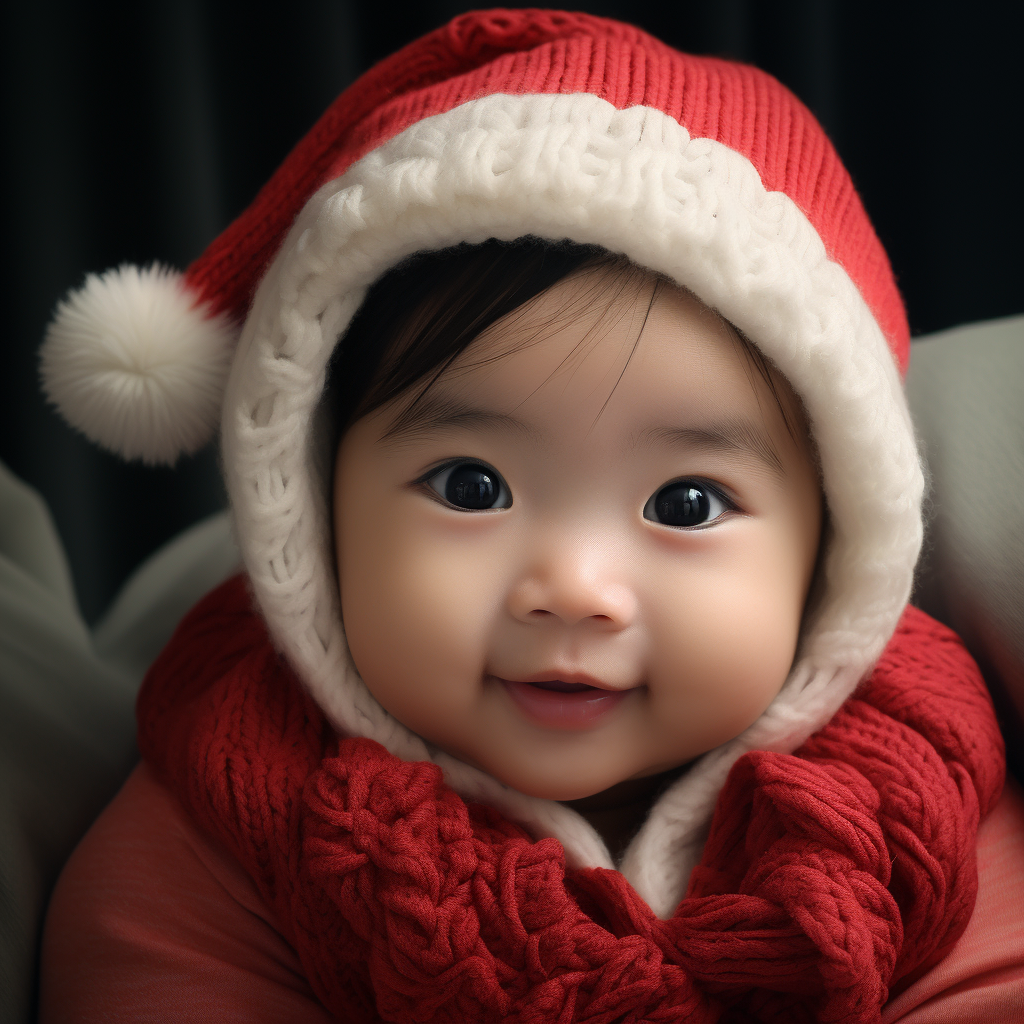 Cute baby wearing Christmas hat in festive decor