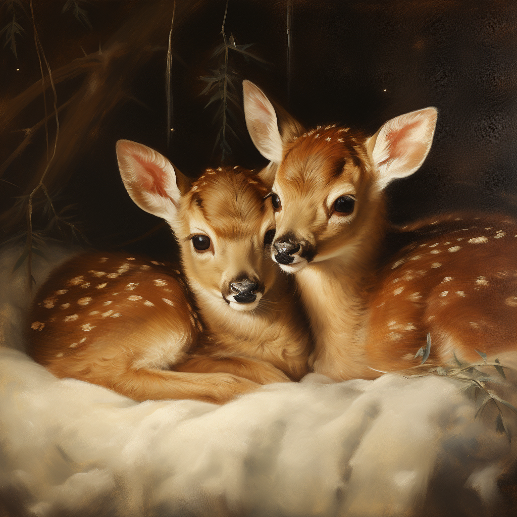 Two cute baby deers cuddling in Christmas painting