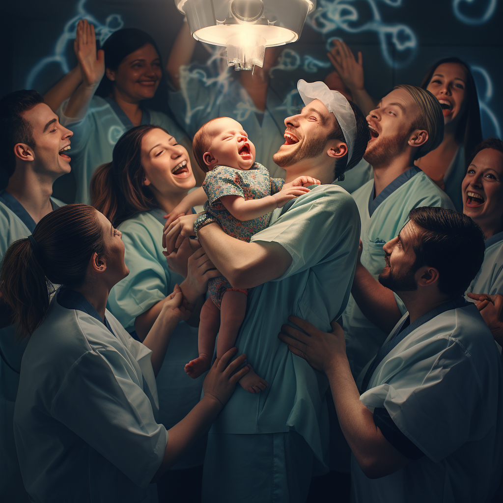 Happy baby surrounded by doctors and nurses