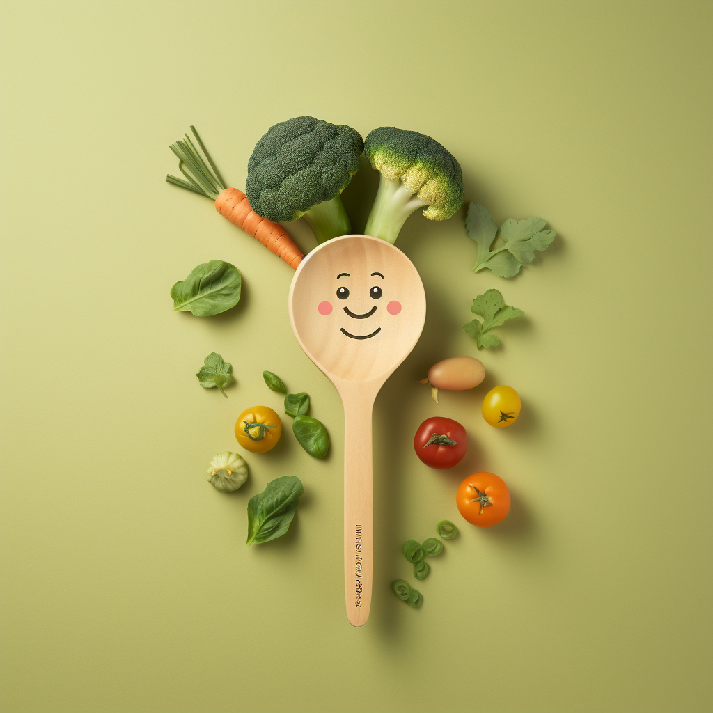 Baby with organic vegetables and wooden spoon