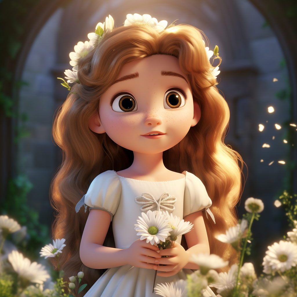 Cute baby girl in white dress surrounded by flowers