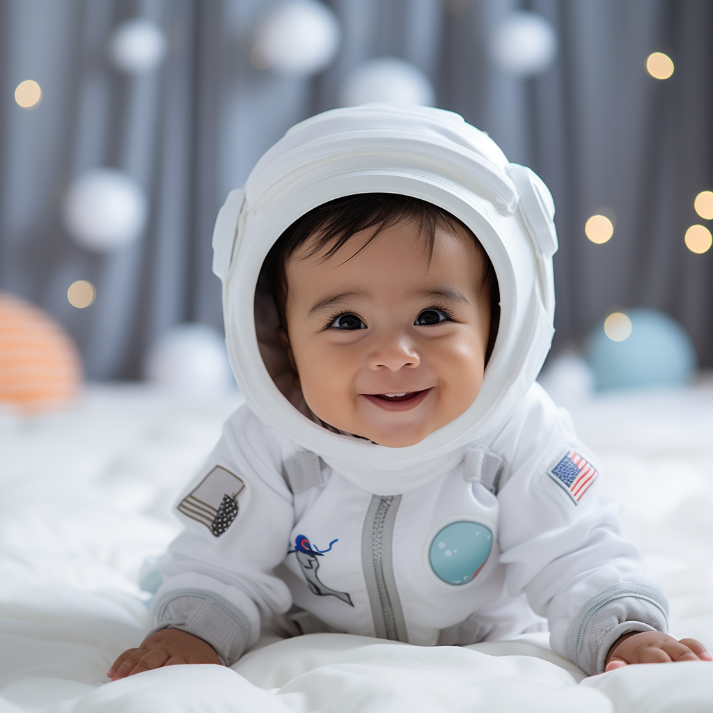 Adorable baby Indian girl dressed as astronaut