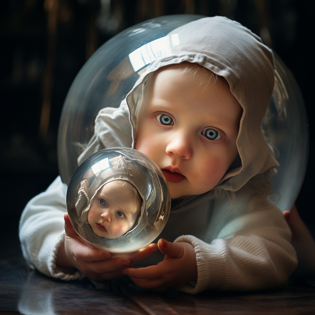 Cute baby with mirror sphere holding doll's head