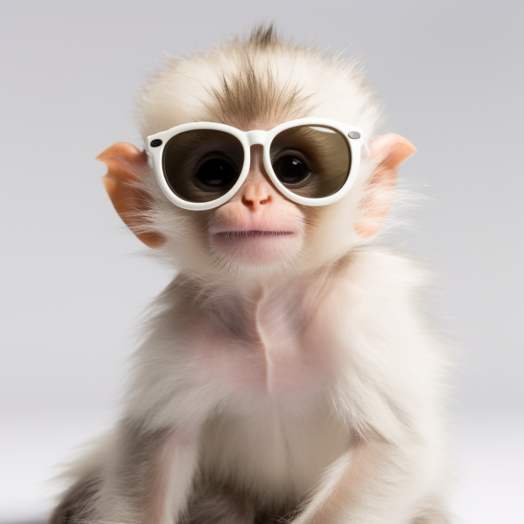 Baby monkey wearing sunglasses in white studio