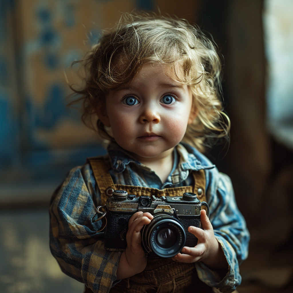 Adorable baby capturing memories with a photo camera