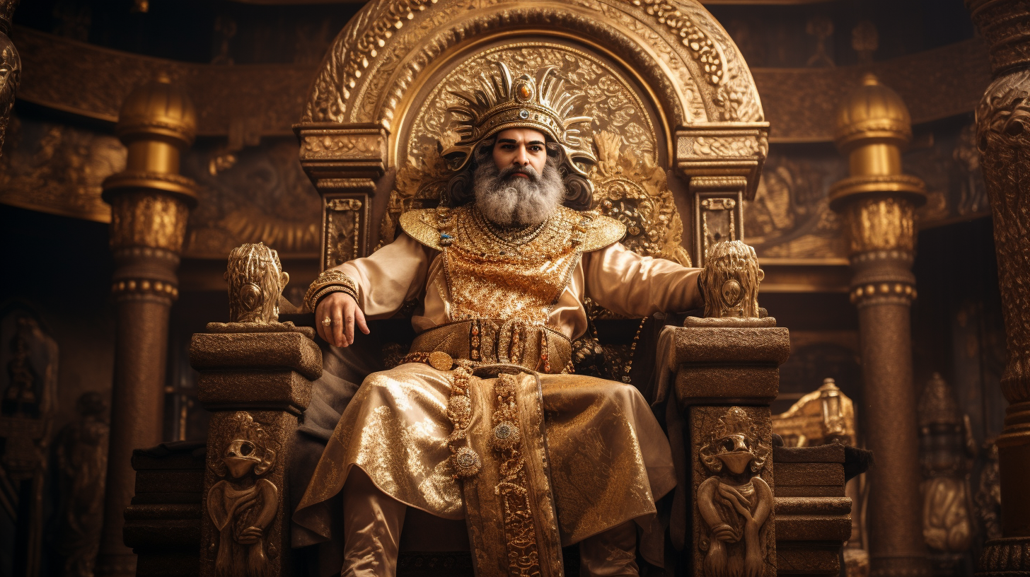 Antic Babylonian king on golden throne