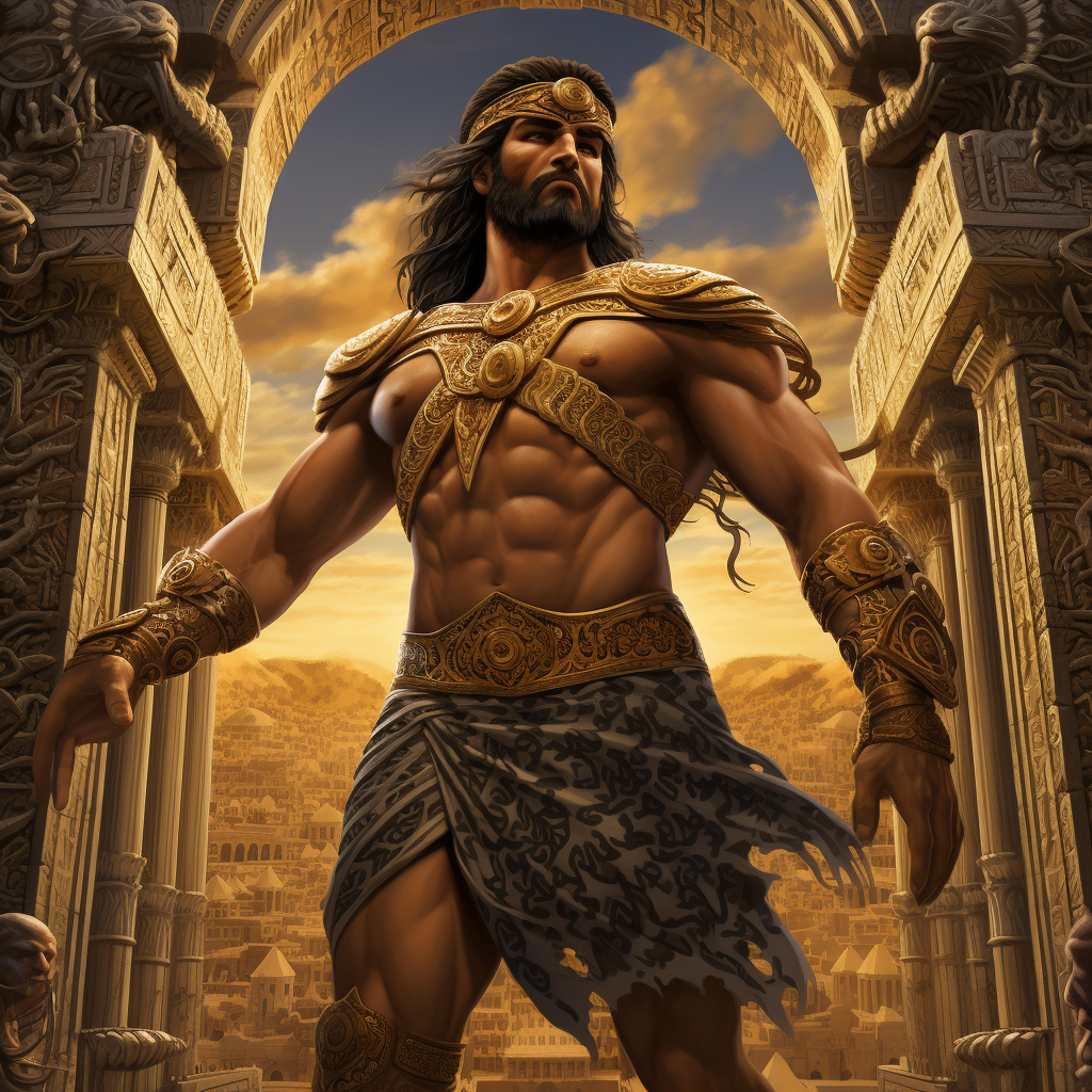 Powerful Babylonian superhero in ancient attire