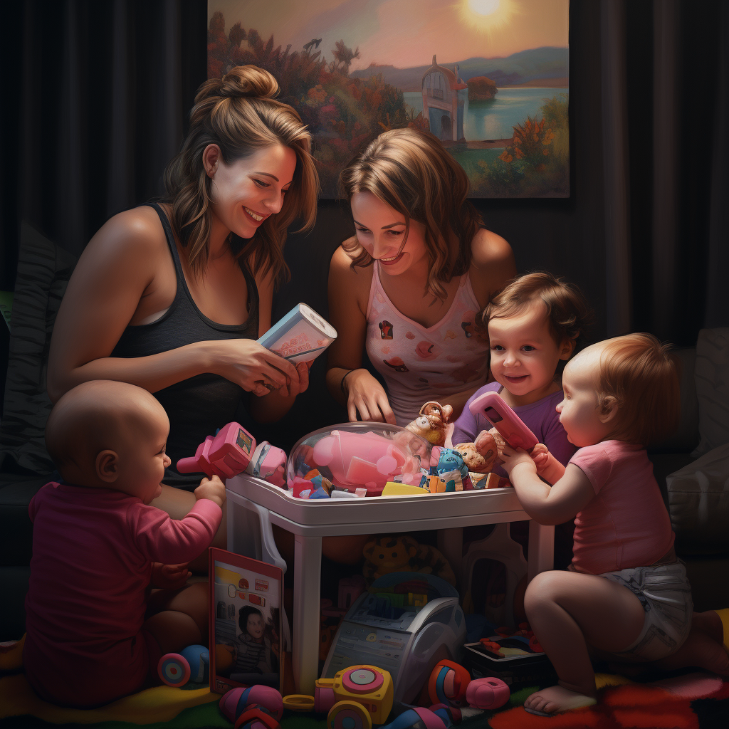 Young women happily babysitting with toys