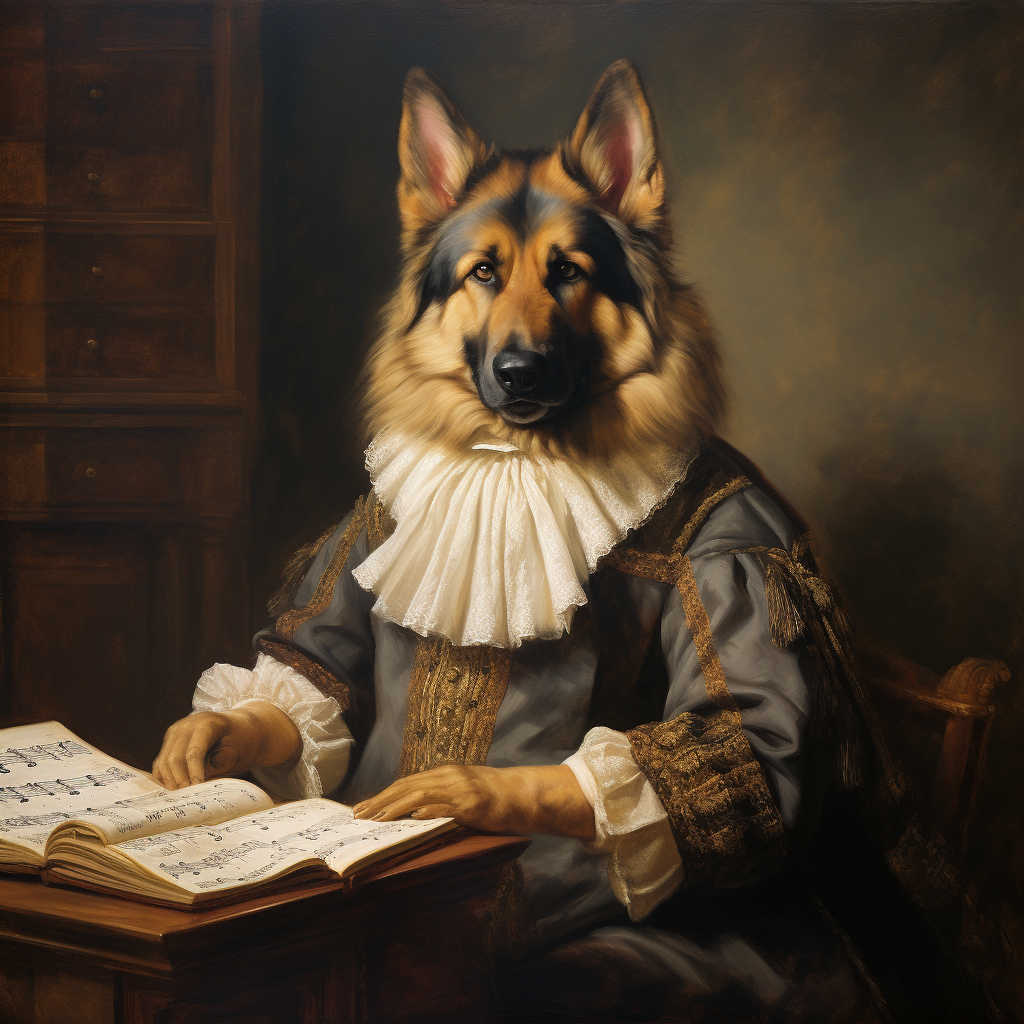 German Shepherd dressed as Bach