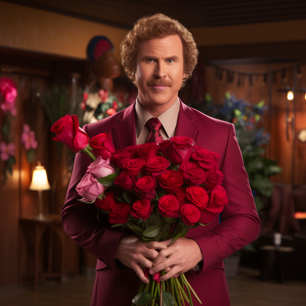 Will Ferrell as Ron Burgundy holding roses