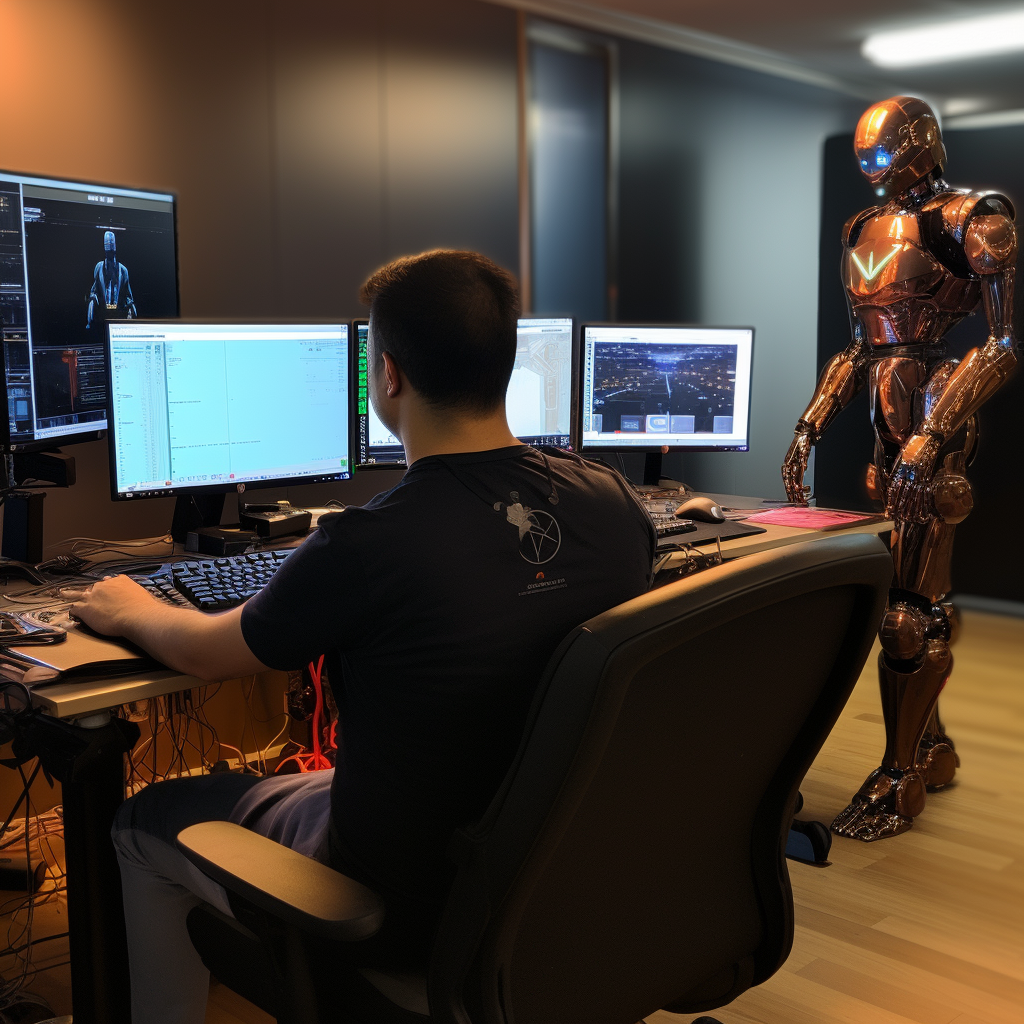 Developer assisted by humanoid in front of computer