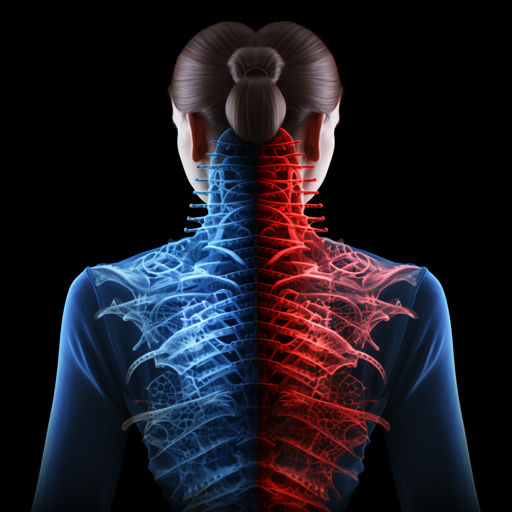 A blue and red x-ray image depicting back pain