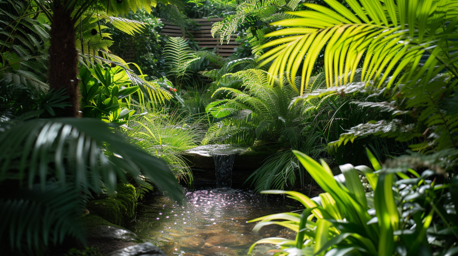 Tropical Design Garden with Water Feature and Lush Foliage