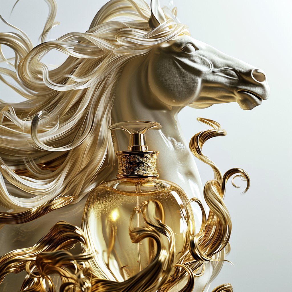 Beautiful perfume with golden-haired horse on white background