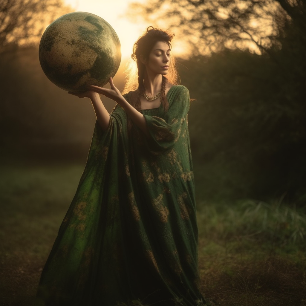 Woman lifting a globe in a backlit green dress