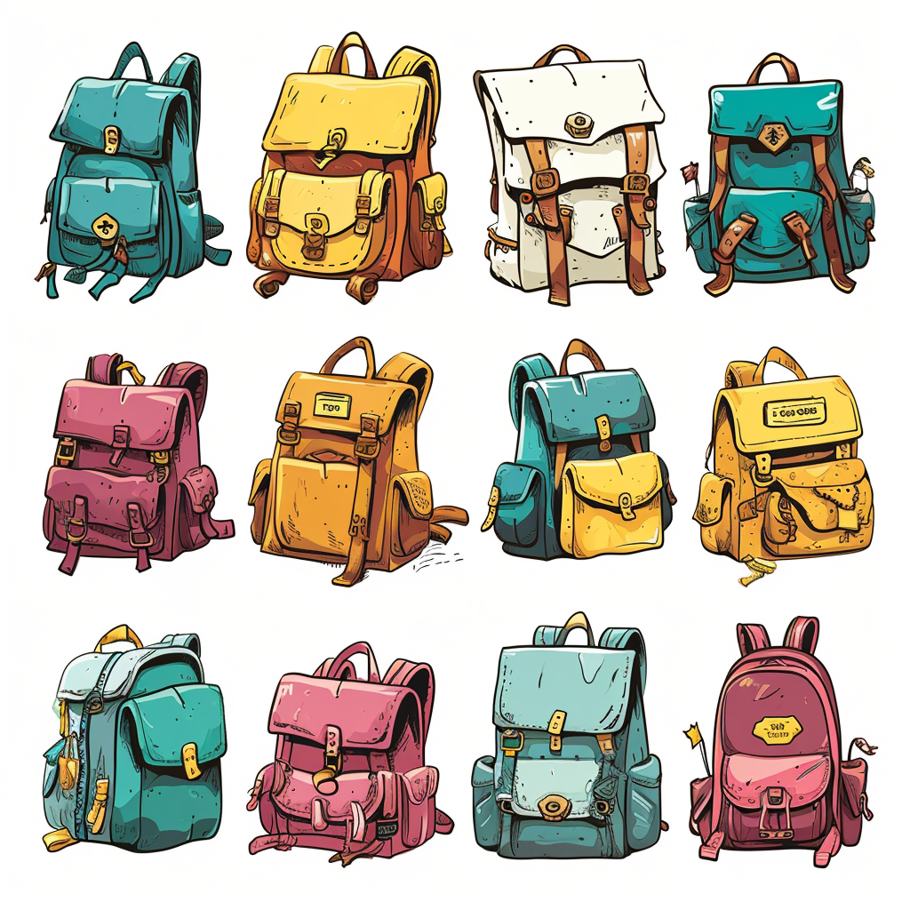 Colorful backpacks in cartoon style