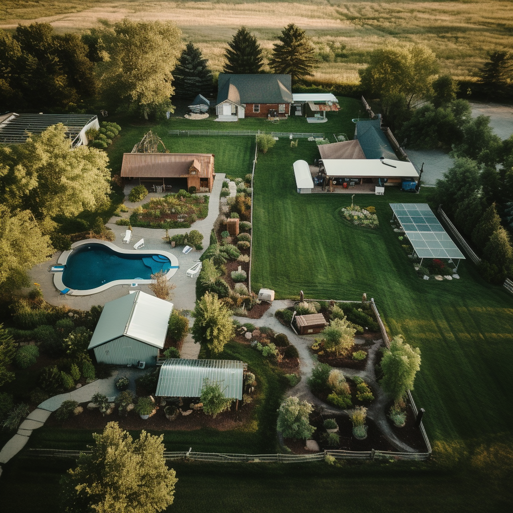 Aerial view of a charming backyard with farmhouse and animals