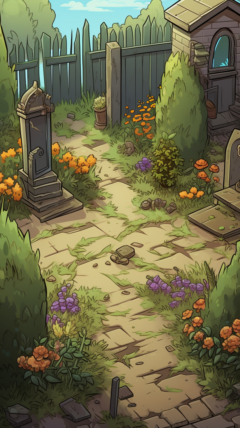 Cartoon of Backyard with Flowers and Gravestone