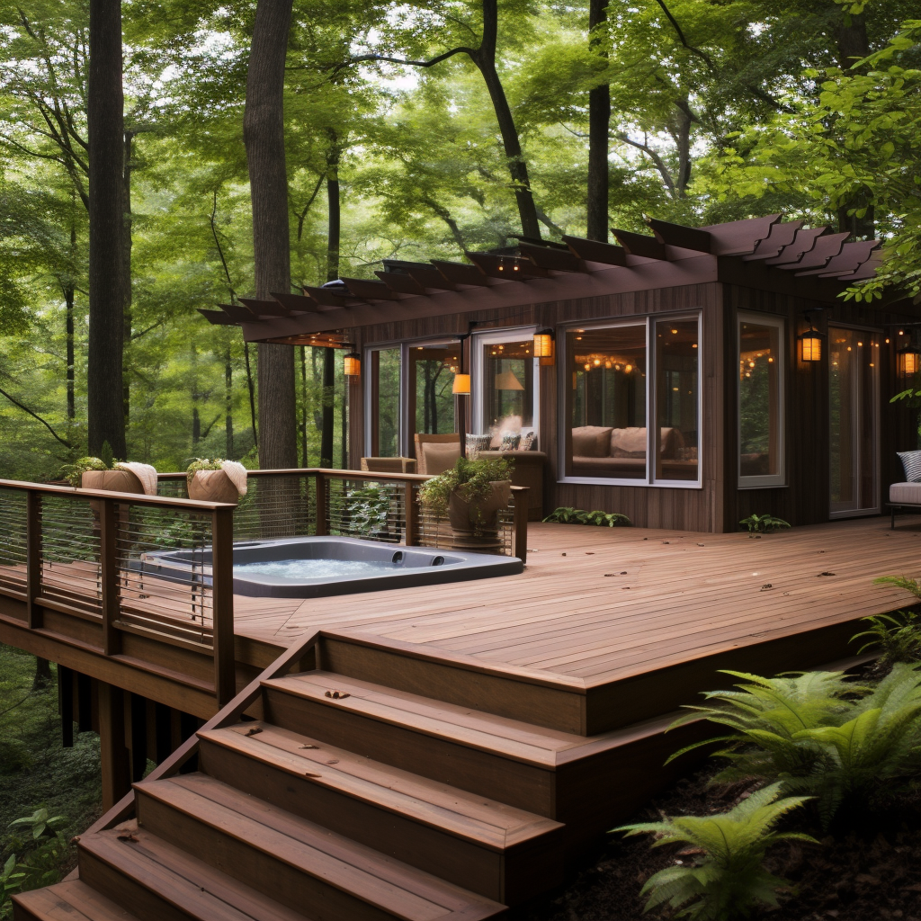 Luxurious hot tubs on a peaceful backyard deck