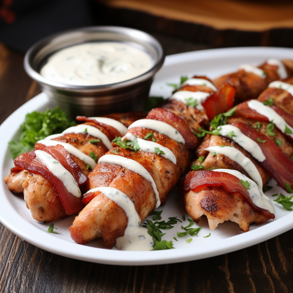 Bacon-wrapped chicken tenders with ranch sauce