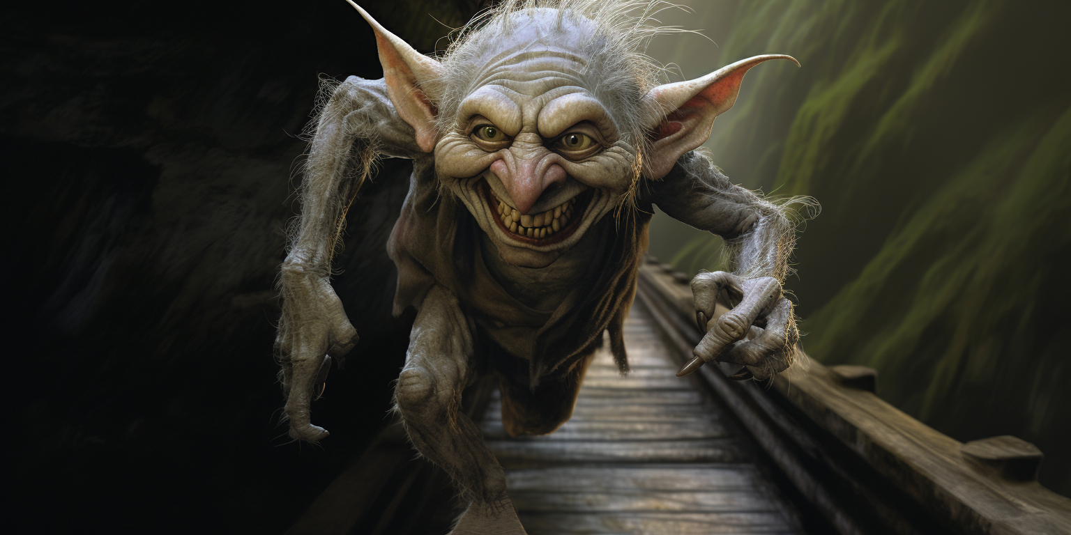 Detailed image of a bad troll running with an elf on a blanche pont nuit bridge.