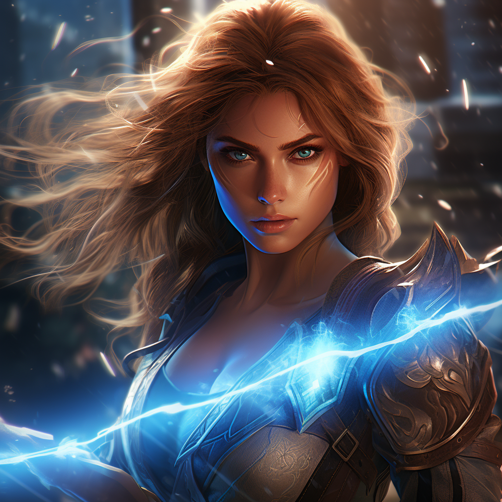 Female fantasy fighter with spear and lightning