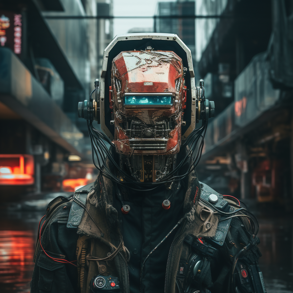 Robot with TV Head Cyberpunk Background