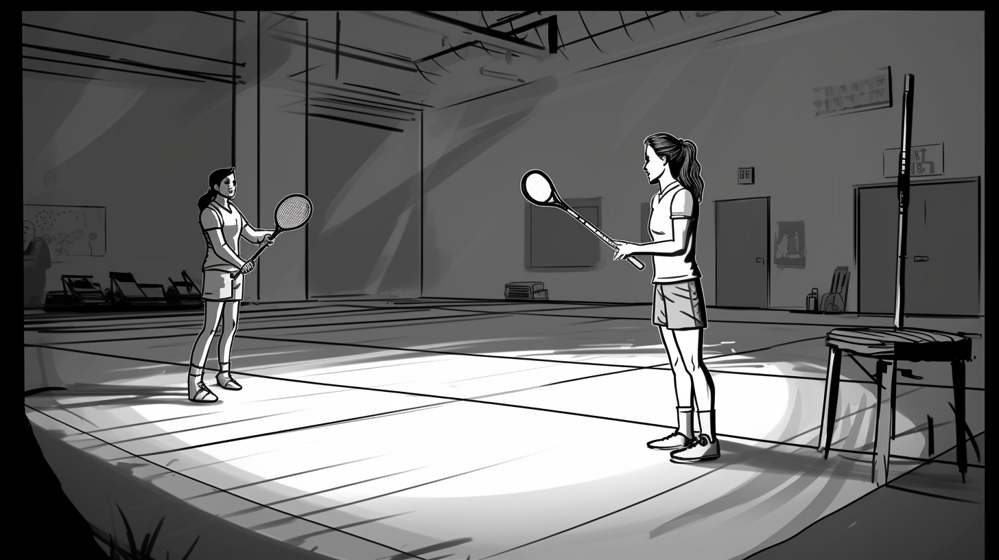 Black and white illustration of badminton player being interviewed